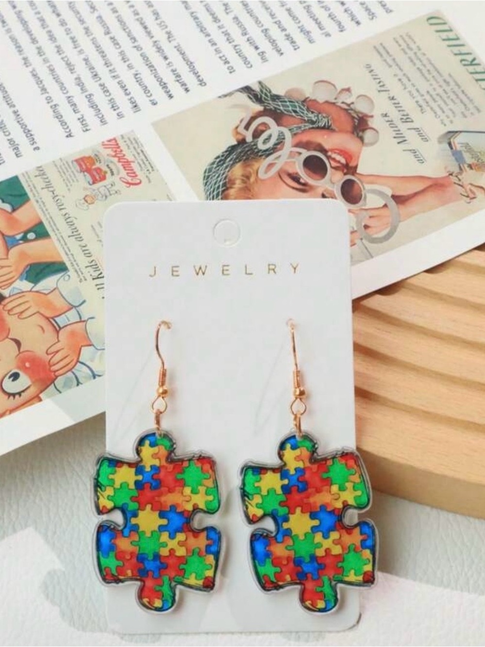 Multicolor autism Puzzle Piece Dangle Earrings for Women